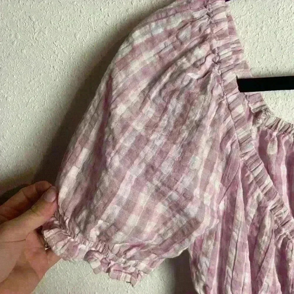 American Eagle Size Xs Wrap Babydoll Blouse Checkered Pink Cottage Linen Peasant - Picture 4 of 8